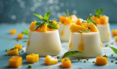 Mango panna cotta on a pale blue backdrop