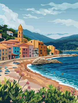 Vue ensoleill&eacute;e de Saint-Tropez, France, avec des maisons color&eacute;es en bord de mer et les plages pittoresques du Var - Brigitte Bardot