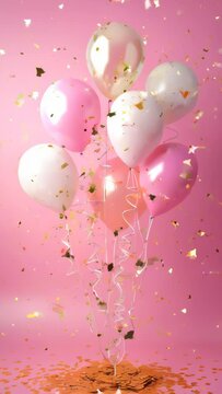 Pink festive birthday party background with balloons, confetti Party or birthday celebration copy space template