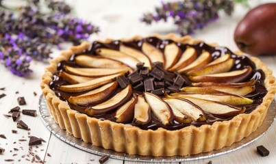 Pear and chocolate tart on a light lavender surface
