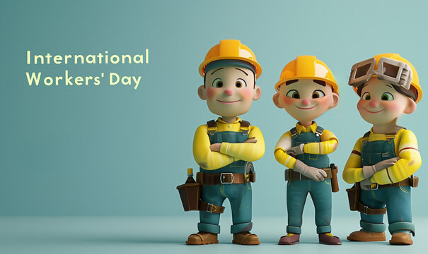 Journ&eacute;e internationale des travailleurs en anglais trois ouvriers souriants en tenue de construction sur un fond bleu clair, c&eacute;l&eacute;brant le travail et la solidarit&eacute;. - F&ecirc;te du travail 1er mai