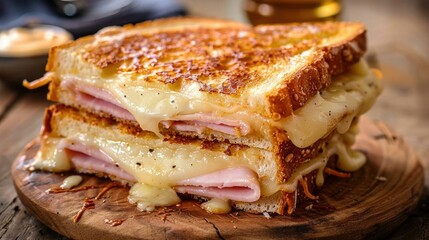 Photograph of a classic Croque Monsieur, its layers of ham, cheese, grilled to golden perfection.