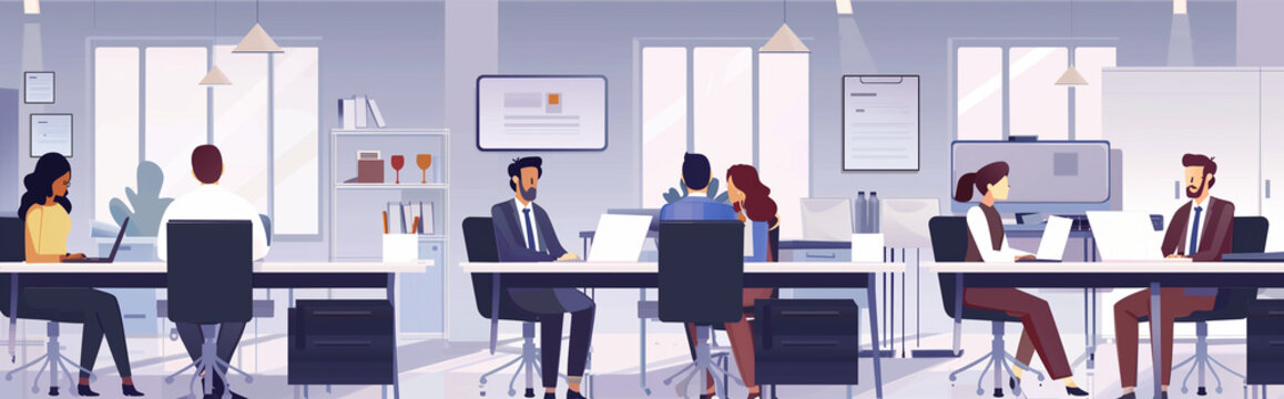 Business company employees working diligently in a dynamic office setting, showcasing productivity, collaboration, and professionalism