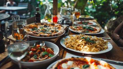 Fototapeta premium A table set with a variety of breakfast items: croissants, scrambled eggs, fresh fruit platter, and a steaming cup of coffee, with morning sunlight filtering through a window casting soft shadows,