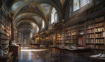 Naklejka premium Renaissance-style library with arched ceilings, frescoes, and shelves filled with ancient manuscripts