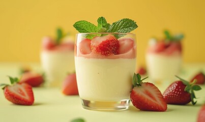 Strawberry panna cotta on a pastel yellow background