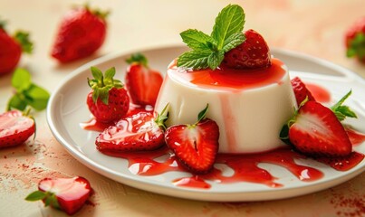 Strawberry panna cotta on a pastel yellow background
