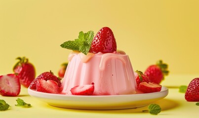 Strawberry panna cotta on a pastel yellow background