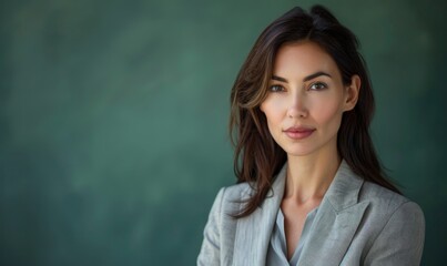 Fototapeta premium Portrait of a woman in a light gray suit against a muted green background