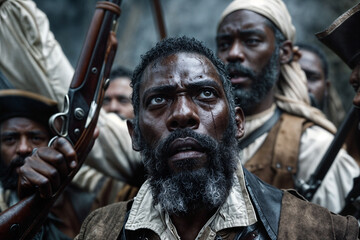 Determined African Soldiers Preparing for Battle in a Historical Reenactment of Colonial Resistance, 18th Century Forest Setting