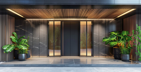 Fototapeta premium 3D rendering of modern entrance door with black panels and potted plants in front of building