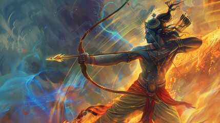 Lord Rama with bow and arrow, Happy Dussehra Festival concept