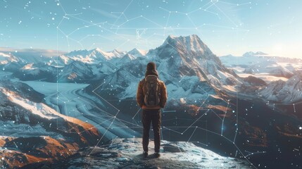 Man Standing on a Mountaintop, Looking Out at a Snowy Landscape