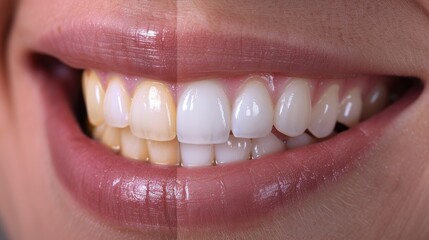 Fototapeta premium Close-up of a smile showing a comparison of teeth before and after whitening, highlighting the effectiveness of dental treatments.