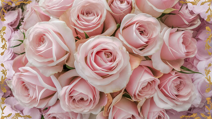 Obraz premium Elegante invitación de boda adornada con acentos dorados y un diseño floral de rosas rosadas delicadas, evocando un tema clásico y atemporal para una celebración de amor inolvidable y romántica.