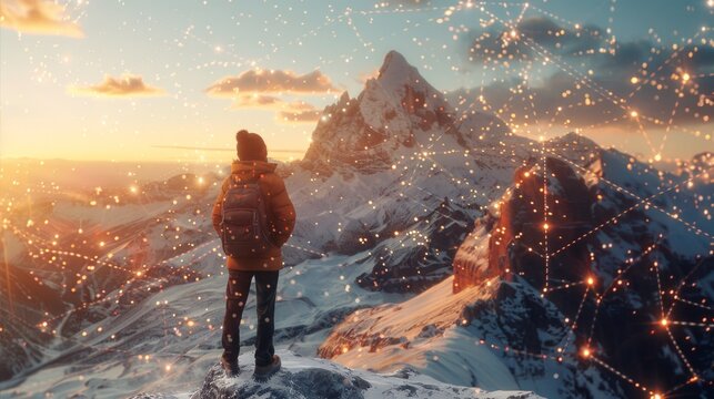 A Lone Figure on a Mountain Peak, With Network Connections - Powered by Adobe