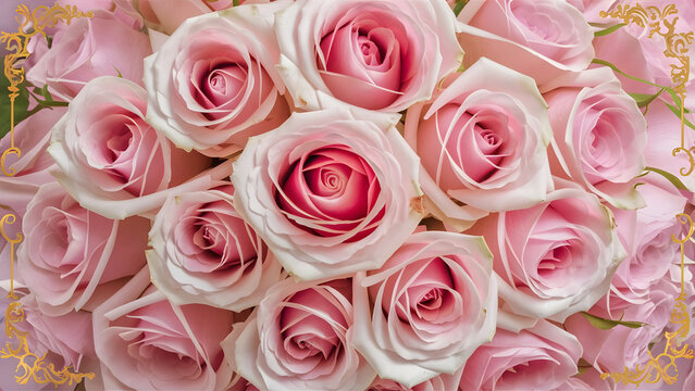 Invitación romántica para boda, decorada con un exquisito arreglo de rosas rosadas y pétalos meticulosamente detallados, creando una atmósfera encantadora y atemporal para un día especial y memorable.