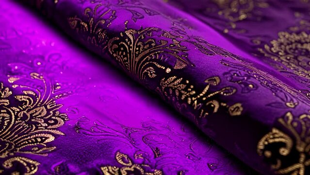 Dark velvet in a deep plum color showcasing an elegant damask pattern in black and gold.