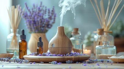 An essential oil diffuser on a wooden tray surrounded by lavender flowers, essential oil bottles, and reed diffusers, creating a soothing and aromatic environment.