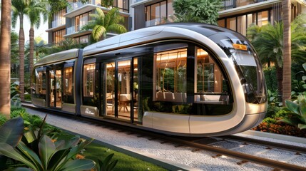 Naklejka premium Explore the synergy between nature and technology with images of a fast-moving electric tram gliding through lush green parks and