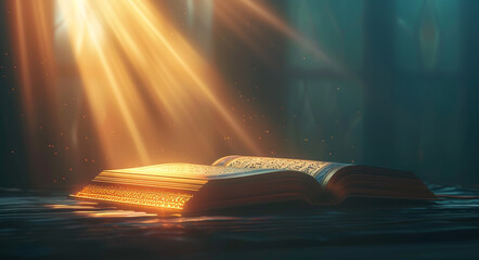 3D rendering of the Holy Quran with light emanating from it.