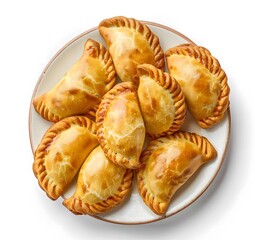 empanadas on white plate, top view isolated on white background