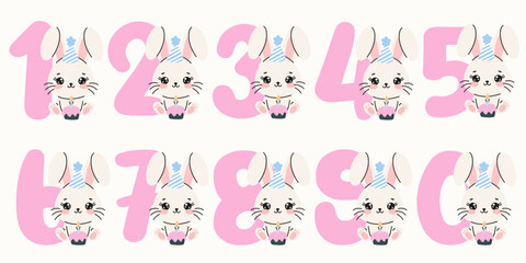 Set of colorful numbers with cute bunny. Pink numbers from 1 to 9 with rabbit. Vector illustration with white bunny. Element for children's birthday invitation, greeting card and cake toppers.