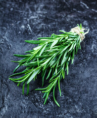 Rosemary on a black background. A bunch of fresh green fragrant rosemary. Spices and herbs that are used for cooking meat and fish. Culinary concept.