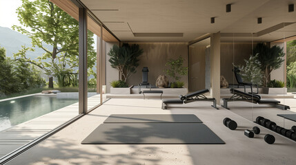 Gym with spa swimming pool in interior modern house. Serene partial contemporary style