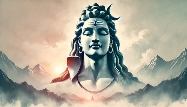 Watercolor illustration of serene statue of Lord Shiva.
