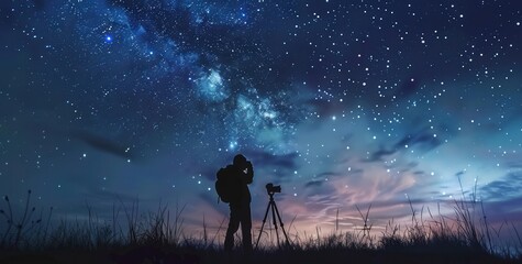 A man is standing in a field with a camera and a tripod