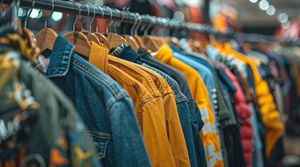 Obraz premium Row of various clothes, including jackets and sweaters, hanging on a rack in a store, emphasizing variety and fashion.
