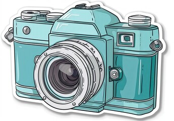 A blue camera with a white lens
