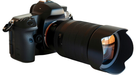 A camera with a black lens and a black body