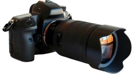 A camera with a black lens and a black body