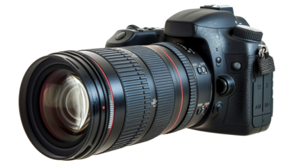 A black camera with a red and black lens