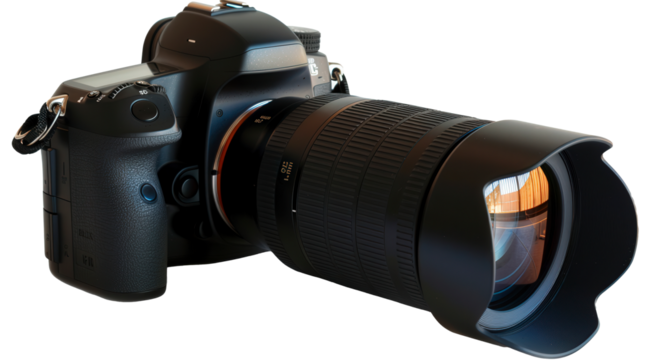 A camera with a black lens and a black body