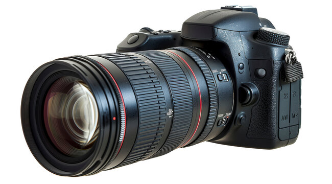 A black camera with a red and black lens