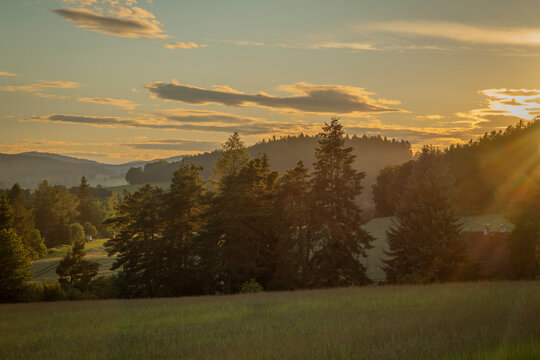 Landscape in sunset color evening near Kremze and Holubov in south Bohemia