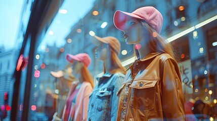 Obraz premium Mannequins dressed in stylish outfits and caps, displayed in a store window with city reflections, showcasing trendy urban fashion.