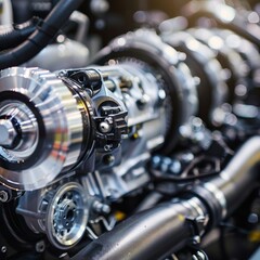 Obraz premium Close up of hybrid engine component in the internal combustion system of a vehicle for detailed view