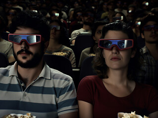 Obraz premium A crowd of people wearing 3D glasses watches a movie in a packed cinema, creating an immersive visual experience.