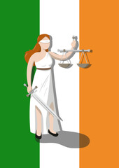 Justice in Ireland, allegory of the Irish  justice, lady of justice, blind woman holding a scale and sword
