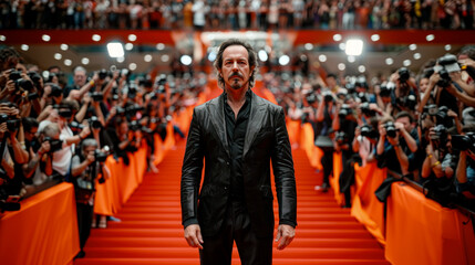Fototapeta premium Caucasian actor on red carpet, cinema festival