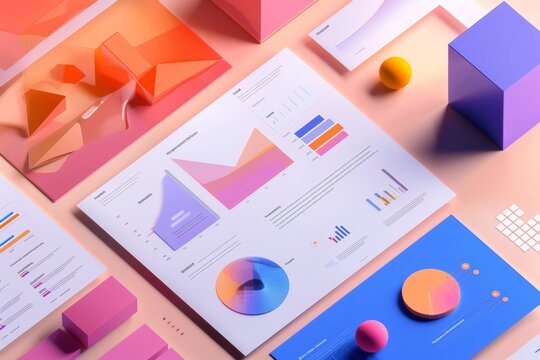 Retro futuristic ppt design with 3d chart data in minimalist style for visual appeal