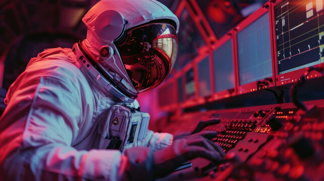 Man in space suit in futuristic control room