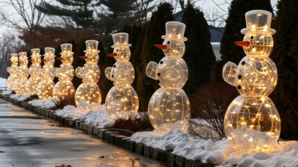 Create a charming winter garden with illuminated snowmen, sparkling snowflakes, and whimsical light-up figures scattered throughout.