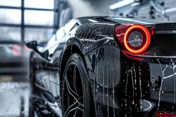 Professional car wash black sports car meticulously shampooed for ultimate cleanliness