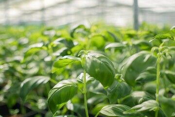 Obraz premium Lush basil plants thriving in greenhouse, flaunting healthy leaves on clean white background
