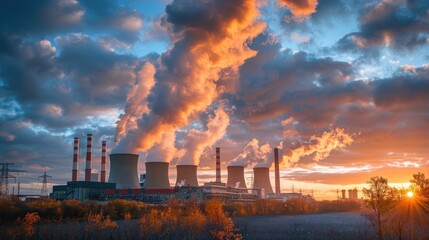 Obraz premium An industrial plant emitting smoke at sunset, highlighting the impact of industrial pollution on the environment.
